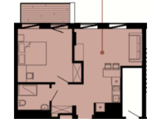 МФК Q-10 Quoroom & FLY: планировка 1-комнатной квартиры 46 м²