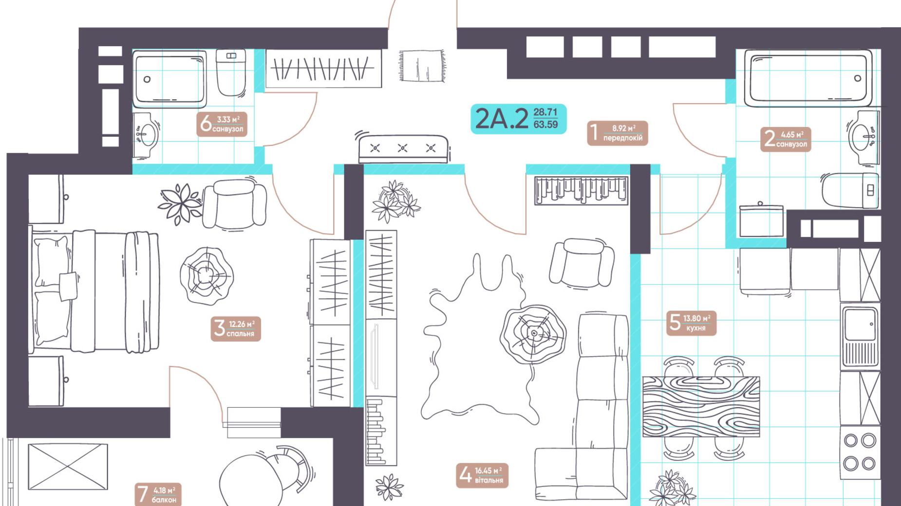 Планування 2-кімнатної квартири в ЖК Теремки 63.59 м², фото 512171