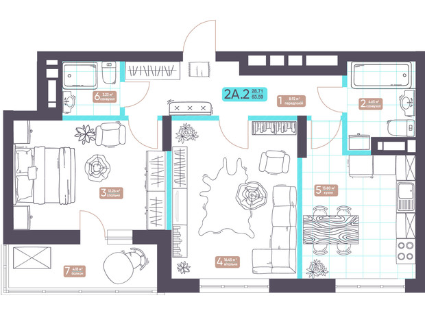 ЖК Теремки: планировка 2-комнатной квартиры 63.59 м²