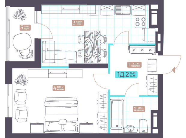 ЖК Теремки: планування 1-кімнатної квартири 50.16 м²
