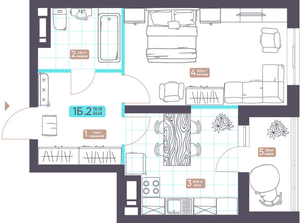 ЖК Теремки: планування 1-кімнатної квартири 43.04 м²