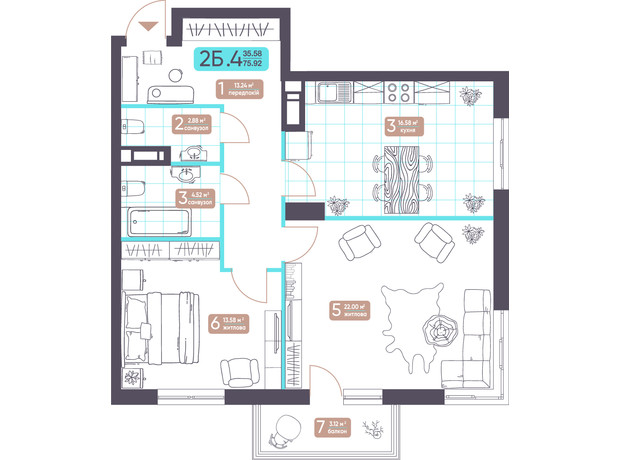 ЖК Теремки: планування 2-кімнатної квартири 75.92 м²