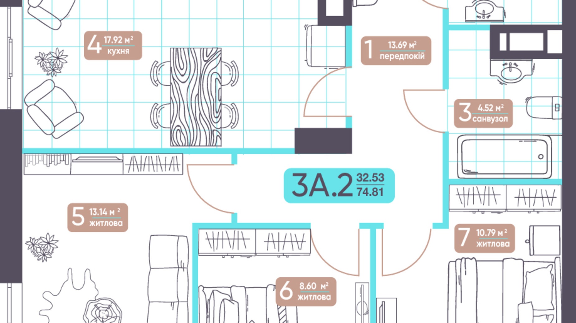 Планировка квартиры студии в ЖК Теремки 74.81 м², фото 512176