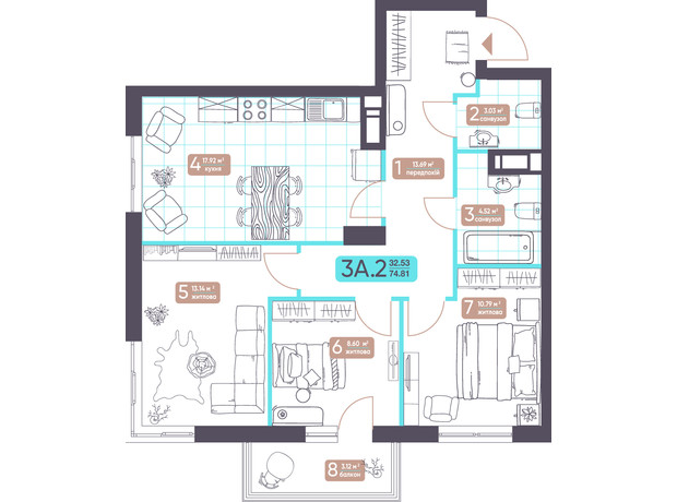 ЖК Теремки: планування 3-кімнатної квартири 74.81 м²