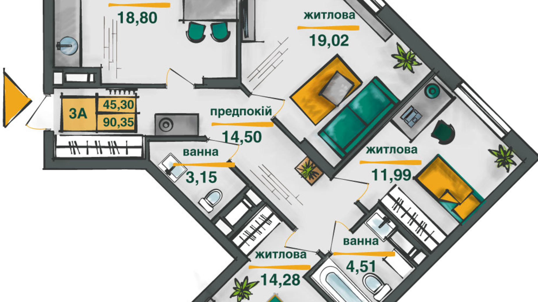 Планировка 3-комнатной квартиры в ЖК Сырецкие Сады 90.35 м², фото 512179