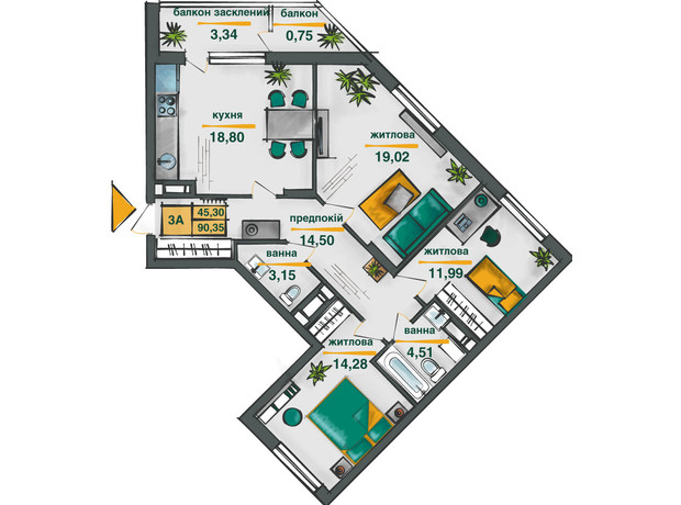 ЖК Сирецькі Сади: планування 3-кімнатної квартири 90.35 м²