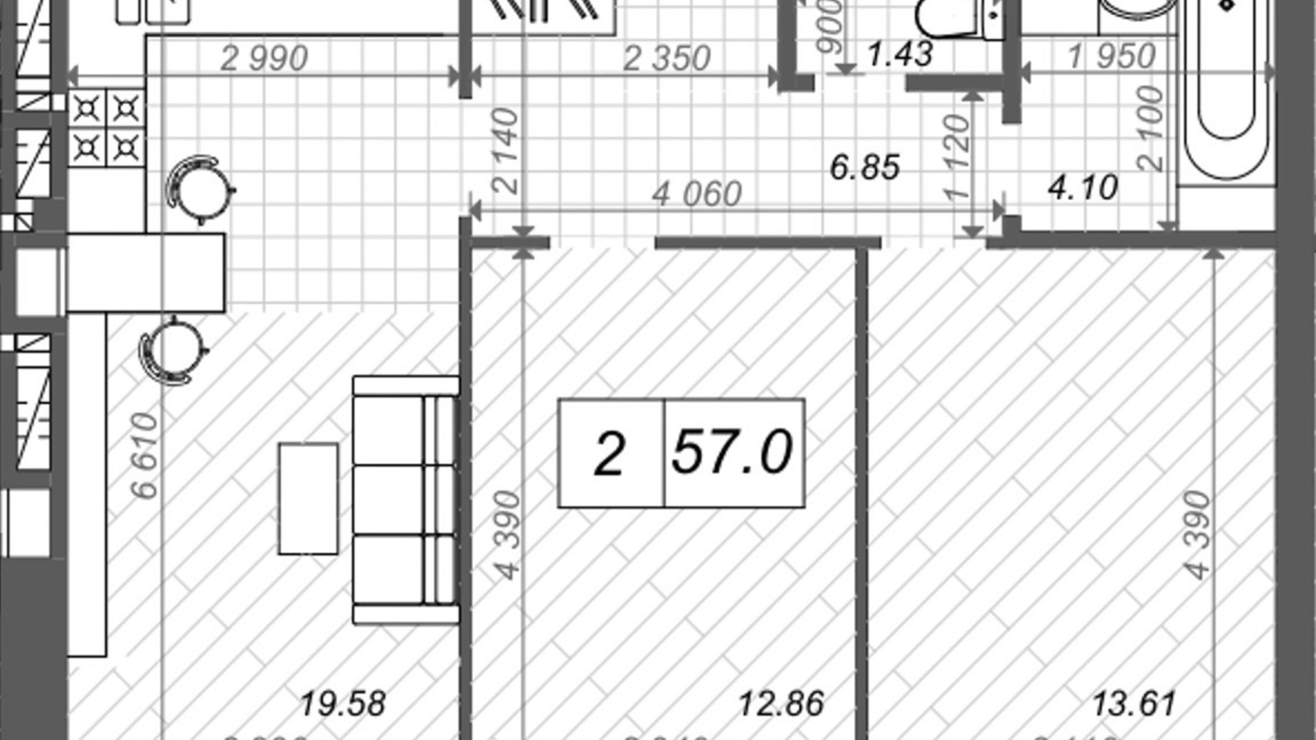 Планировка 2-комнатной квартиры в ЖК Новые Метры Center 57.5 м², фото 512387