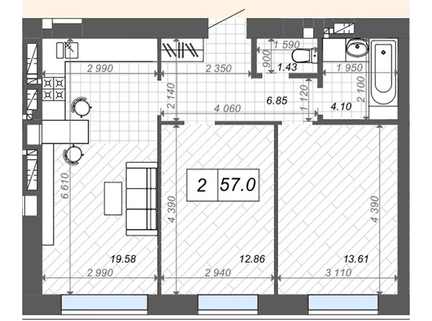 ЖК Нові Метри Center: планування 2-кімнатної квартири 57.5 м²