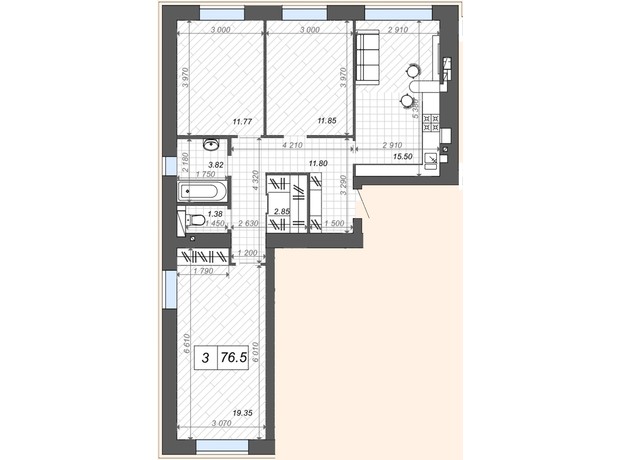 ЖК Нові Метри Center: планування 3-кімнатної квартири 78.1 м²