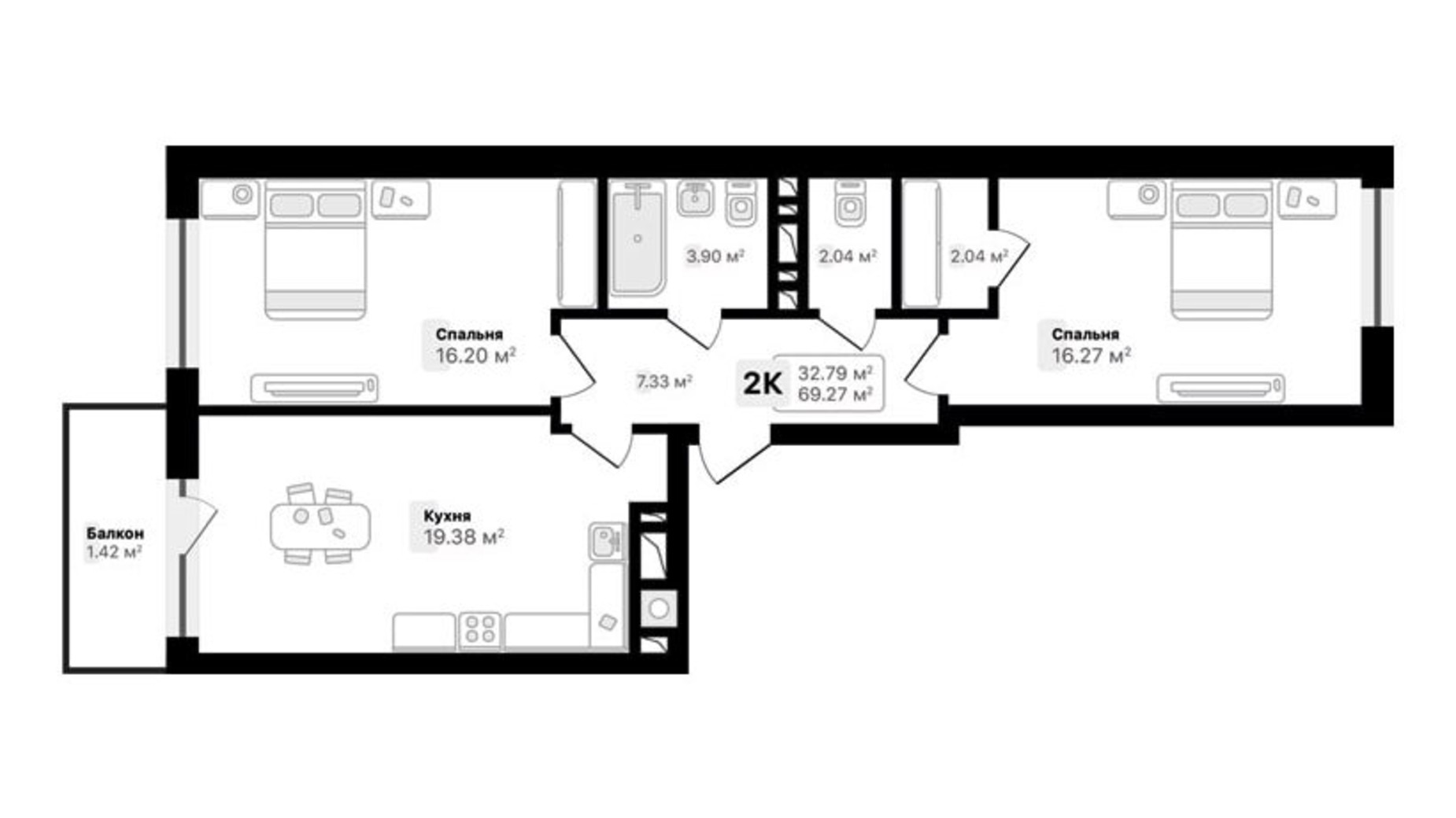 Планування 2-кімнатної квартири в ЖК Auroom Spark 69.27 м², фото 512407