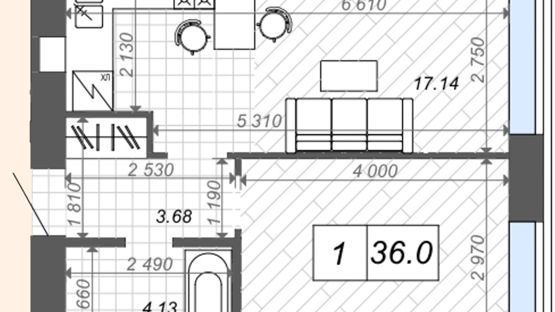 Планування 1-кімнатної квартири в ЖК Нові Метри Center 36.3 м², фото 512408