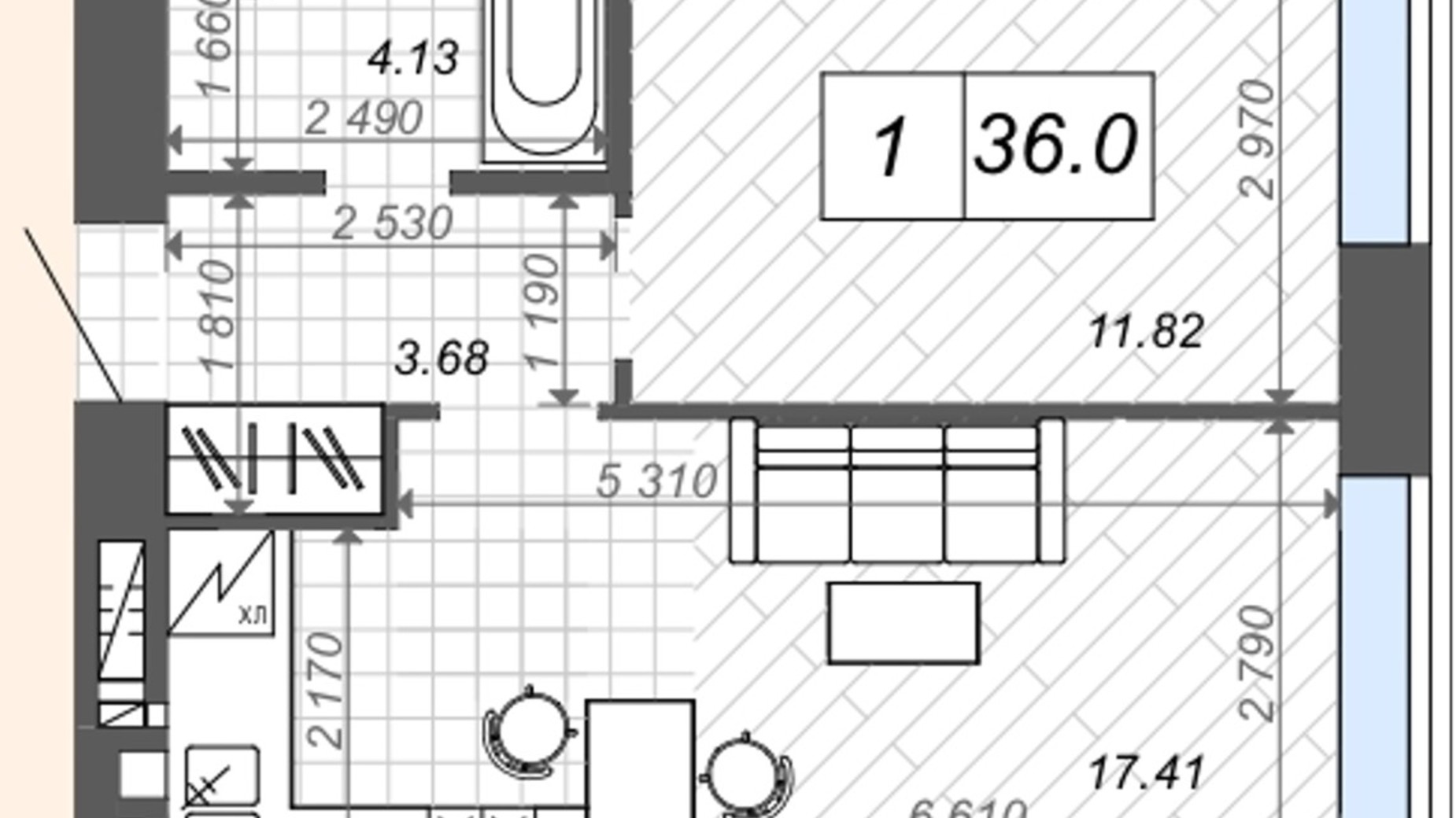 Планування 1-кімнатної квартири в ЖК Нові Метри Center 37.1 м², фото 512409