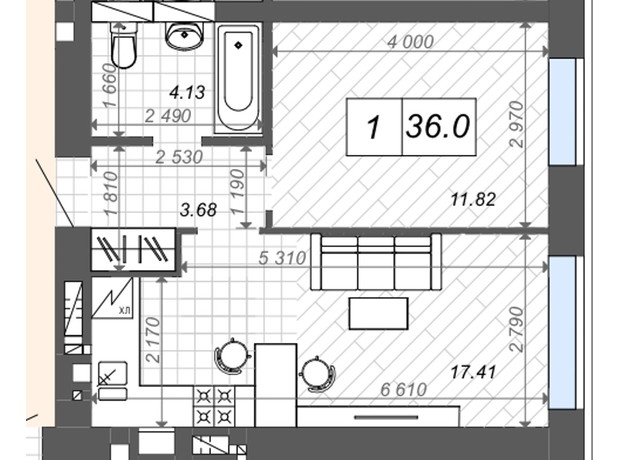 ЖК Нові Метри Center: планування 1-кімнатної квартири 37.1 м²