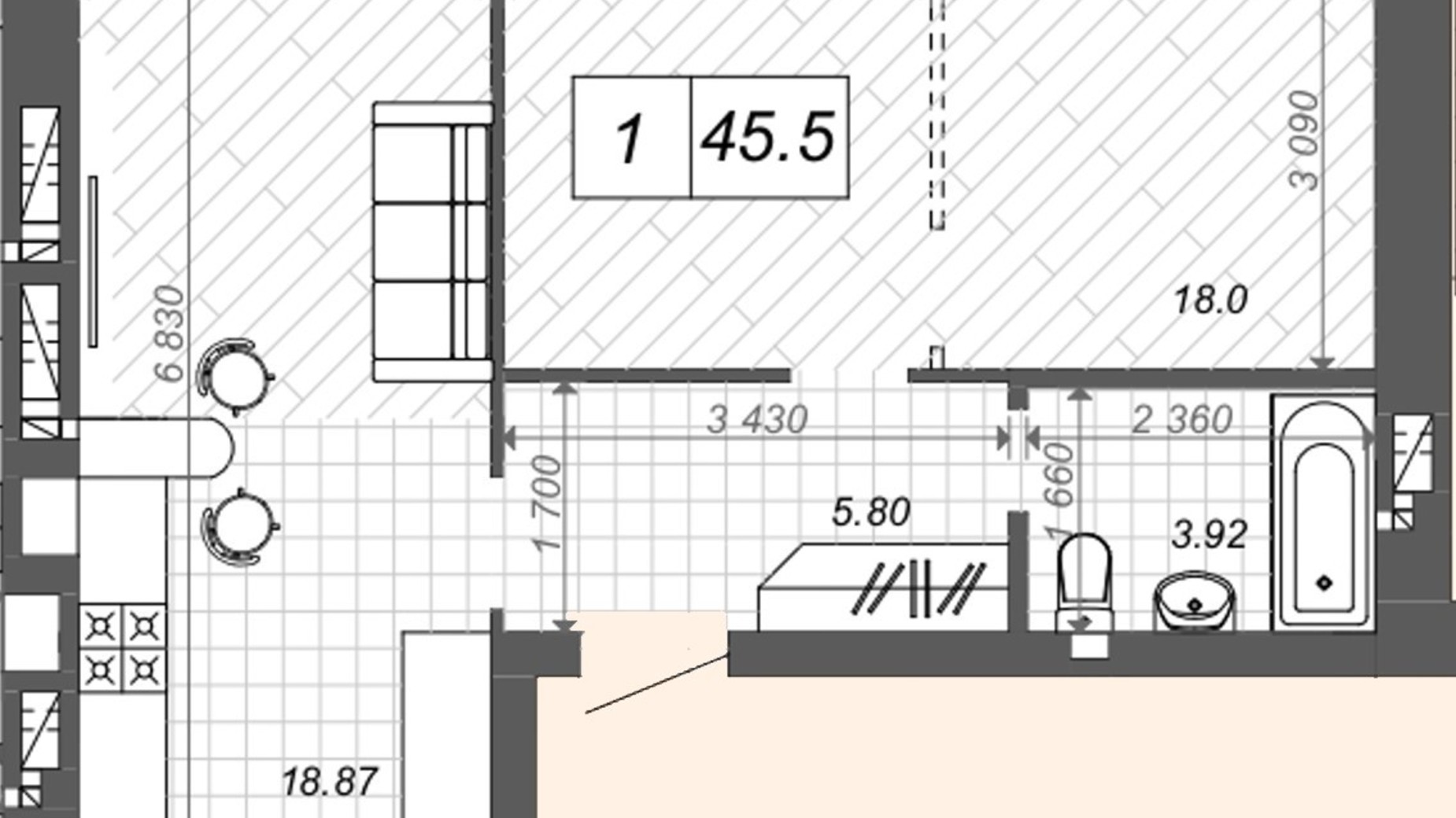 Планування 1-кімнатної квартири в ЖК Нові Метри Center 46 м², фото 512410