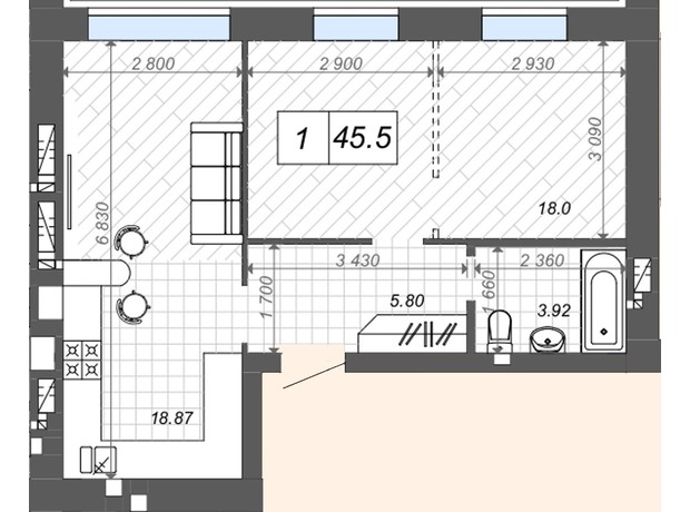ЖК Новые Метры Center: планировка 1-комнатной квартиры 46 м²