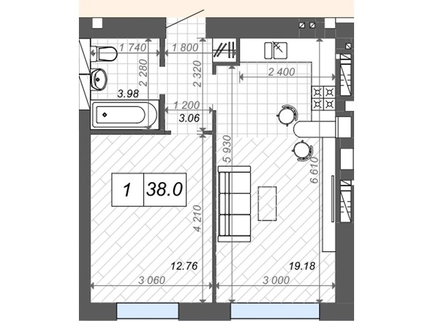 ЖК Нові Метри Center: планування 1-кімнатної квартири 38.8 м²