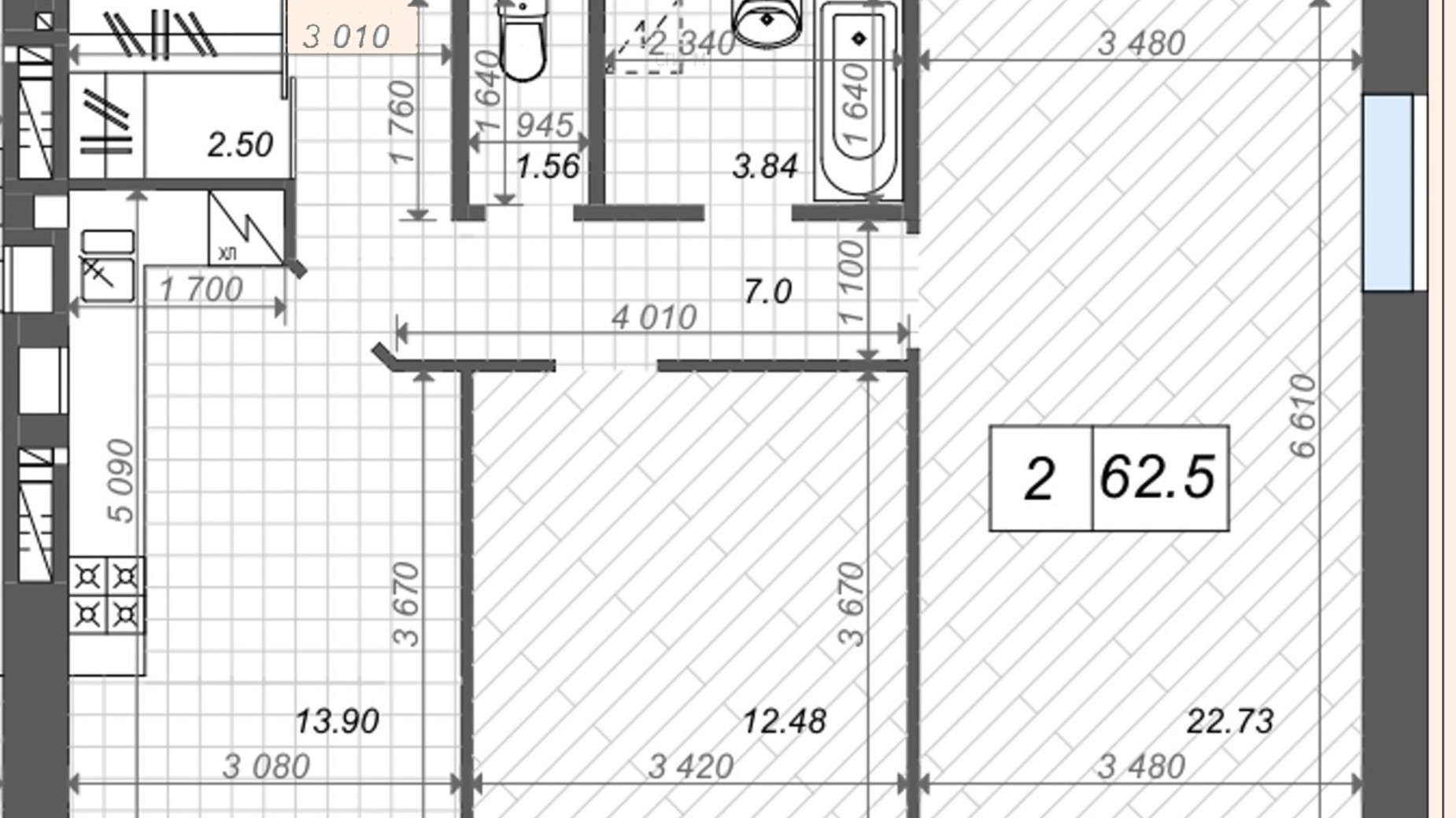 Планування 2-кімнатної квартири в ЖК Нові Метри Center 64 м², фото 512412