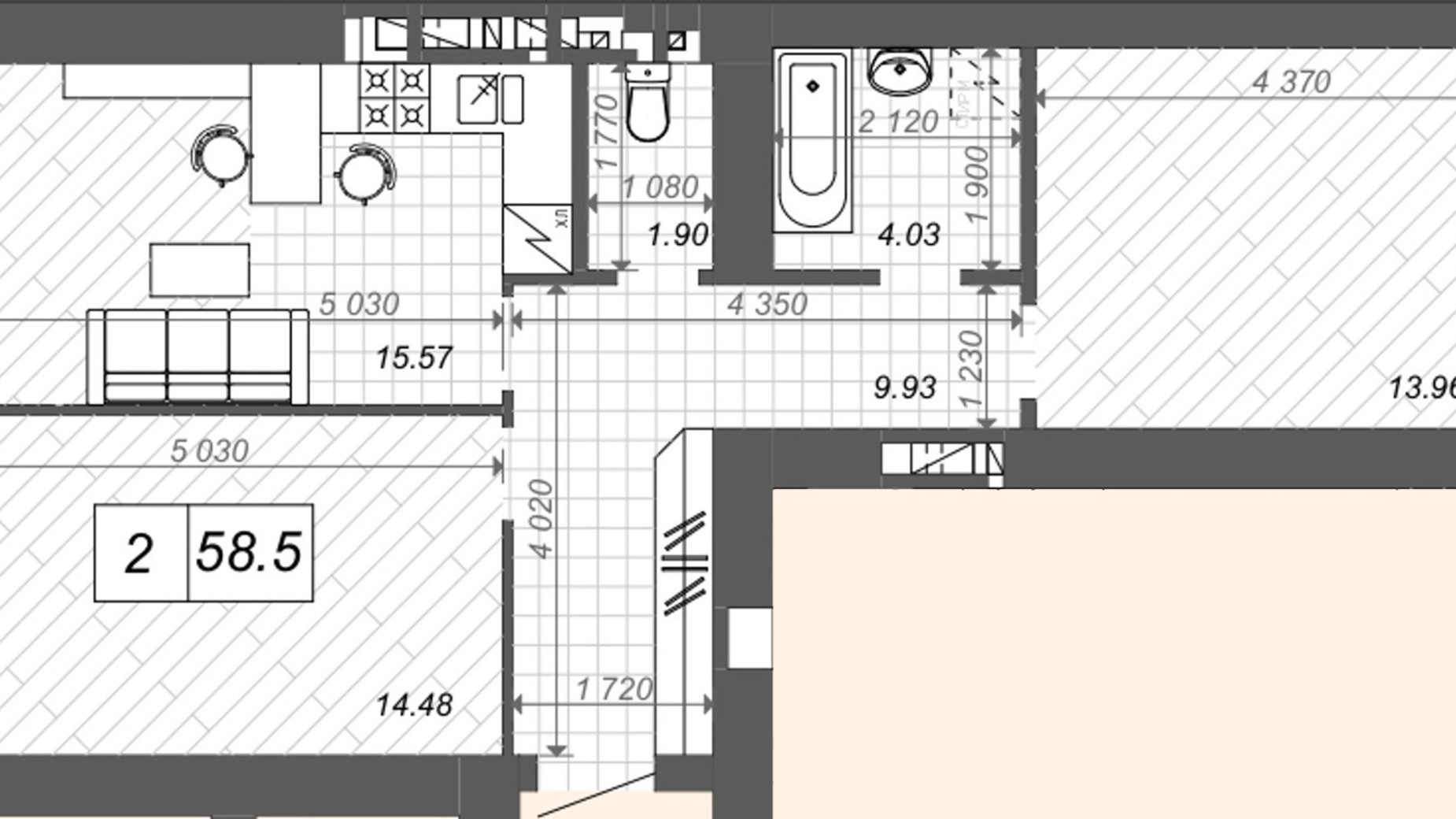 Планування 2-кімнатної квартири в ЖК Нові Метри Center 59.5 м², фото 512413