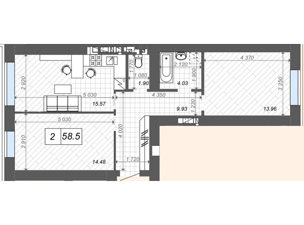 ЖК Нові Метри Center: планування 2-кімнатної квартири 59.5 м²