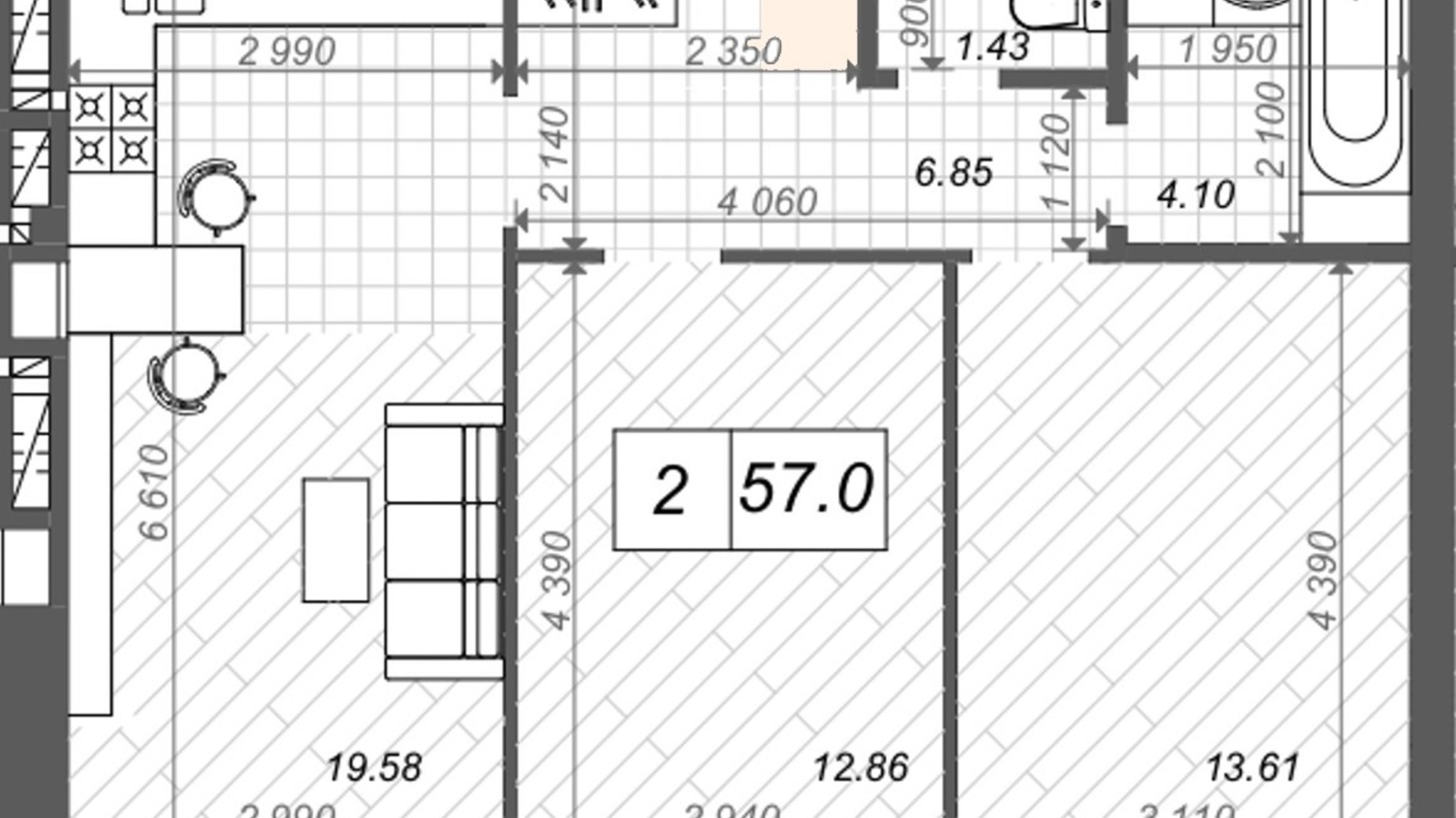 Планування 2-кімнатної квартири в ЖК Нові Метри Center 57 м², фото 512414