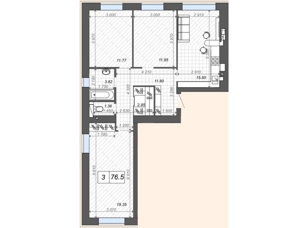 ЖК Нові Метри Center: планування 3-кімнатної квартири 78.2 м²