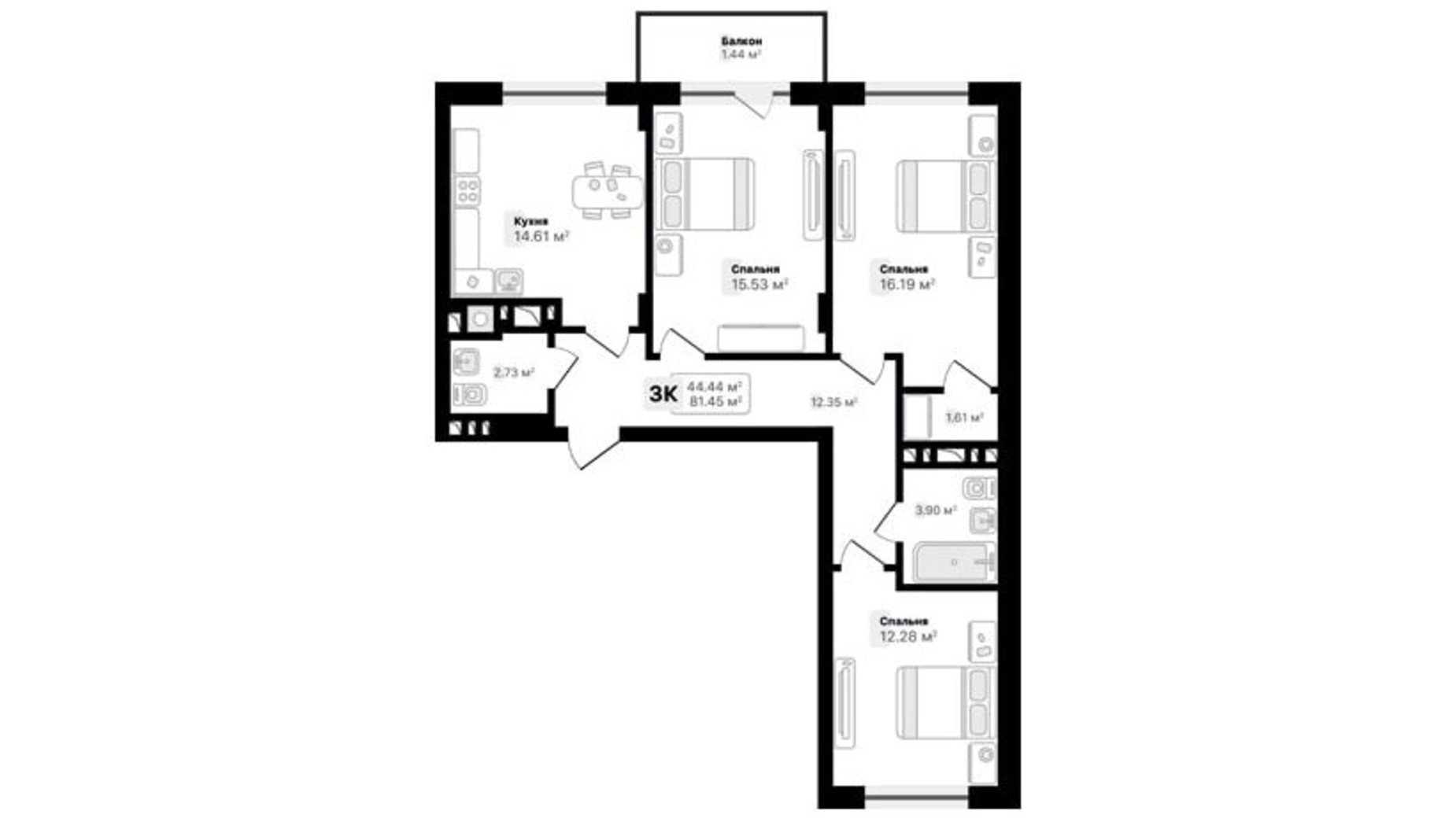 Планування 3-кімнатної квартири в ЖК Auroom Spark 81.45 м², фото 512418