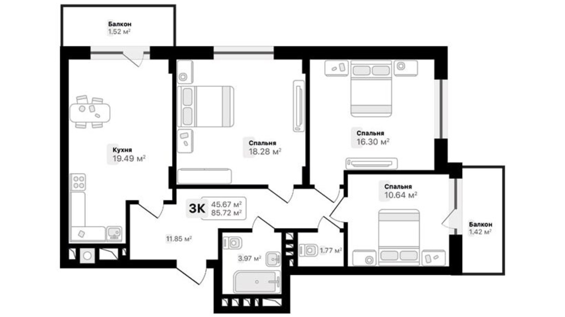 Планування 3-кімнатної квартири в ЖК Auroom Spark 85.72 м², фото 512419