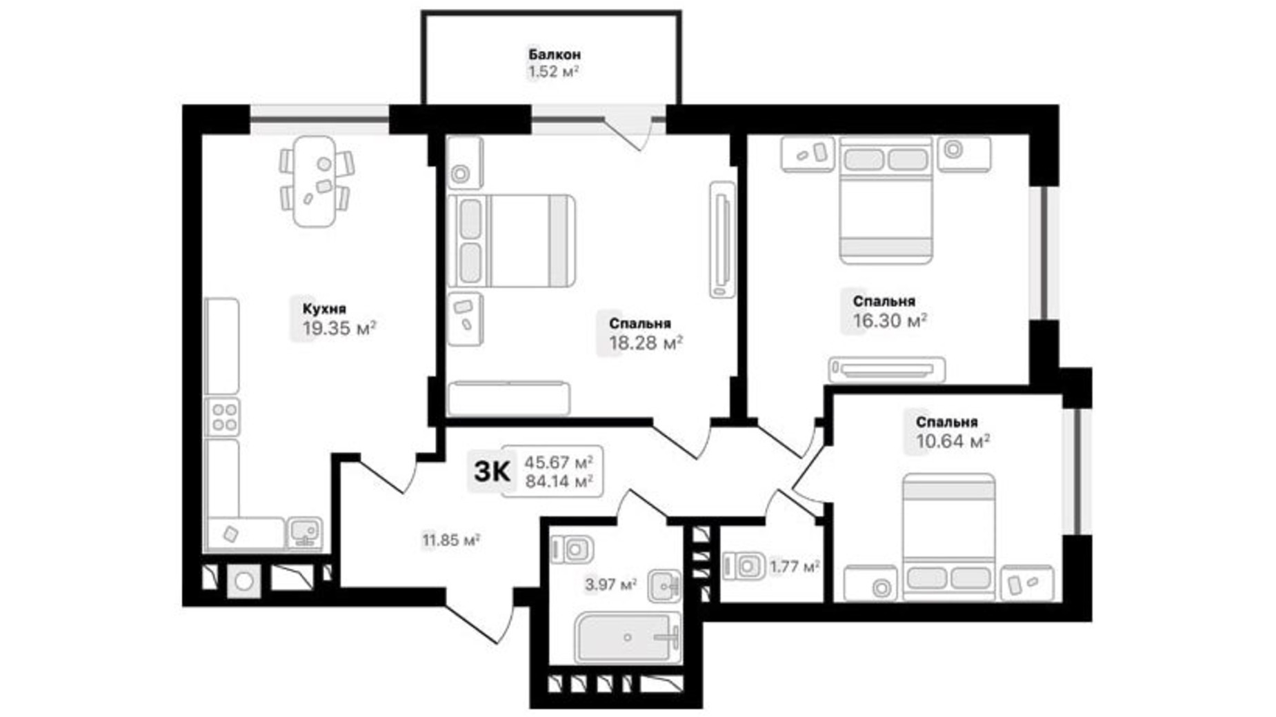 Планування 3-кімнатної квартири в ЖК Auroom Spark 84.14 м², фото 512423