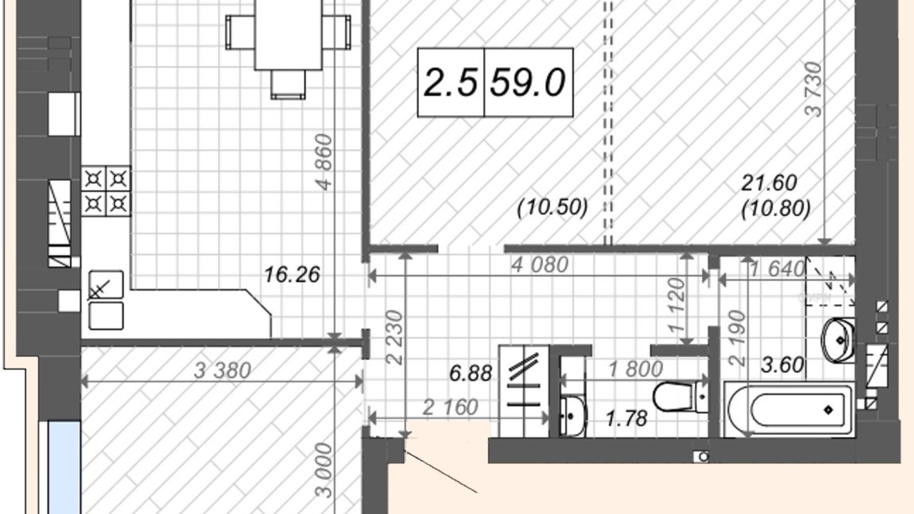 Планування 2-кімнатної квартири в ЖК Нові Метри Center 59.7 м², фото 512426