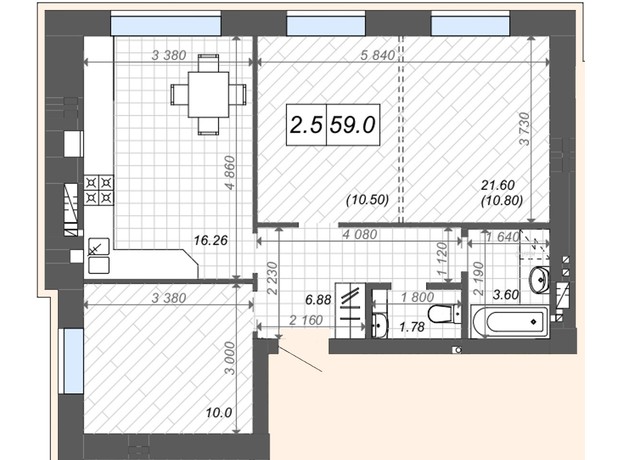 ЖК Нові Метри Center: планування 2-кімнатної квартири 60.3 м²