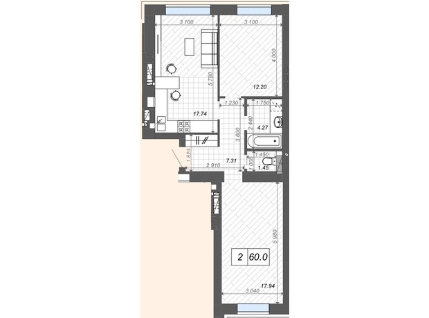 ЖК Нові Метри Center: планування 2-кімнатної квартири 60.9 м²