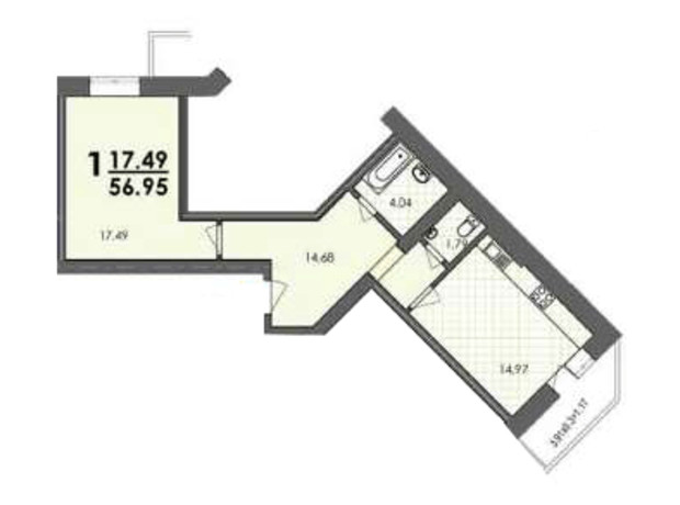 ЖК вул. 50-річчя УПА, 10в: планування 1-кімнатної квартири 56.95 м²