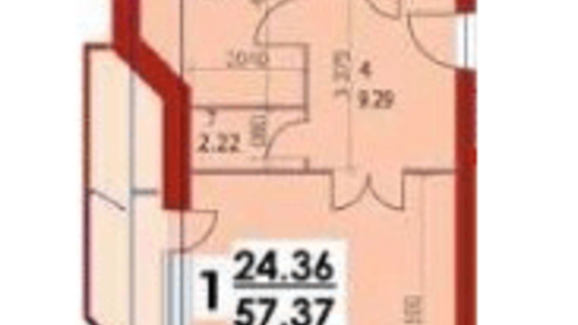 Планування 1-кімнатної квартири в ЖК вул. 50-річчя УПА, 10в 57.37 м², фото 512502
