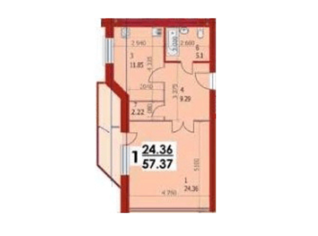 ЖК вул. 50-річчя УПА, 10в: планування 1-кімнатної квартири 57.37 м²