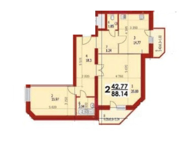 ЖК вул. 50-річчя УПА, 10в: планування 2-кімнатної квартири 88.14 м²