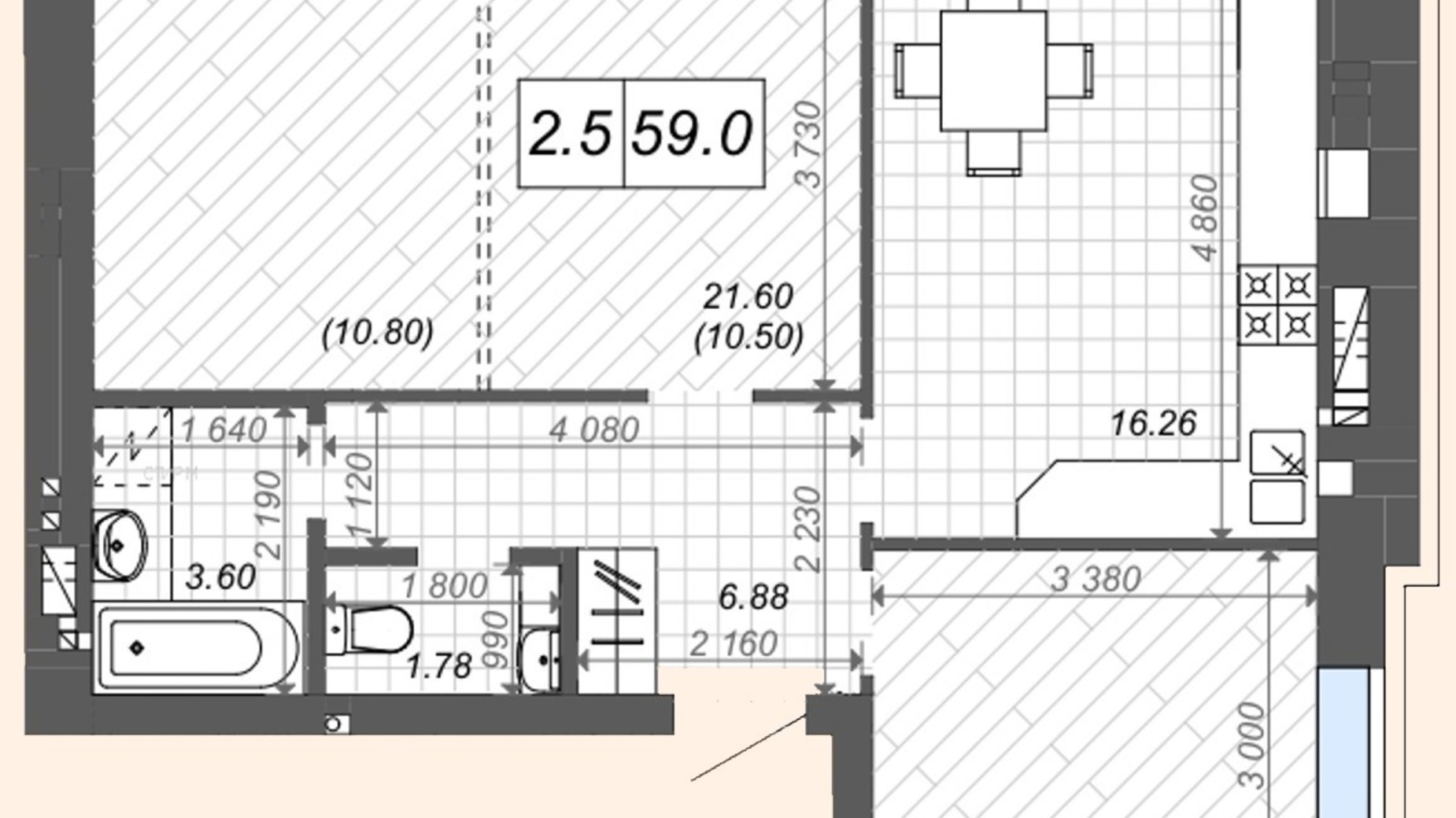 Планування 2-кімнатної квартири в ЖК Нові Метри Center 59 м², фото 512648