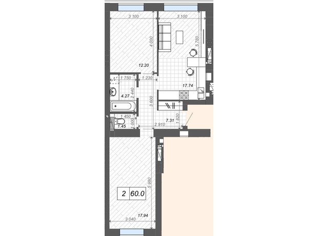 ЖК Нові Метри Center: планування 2-кімнатної квартири 61.1 м²