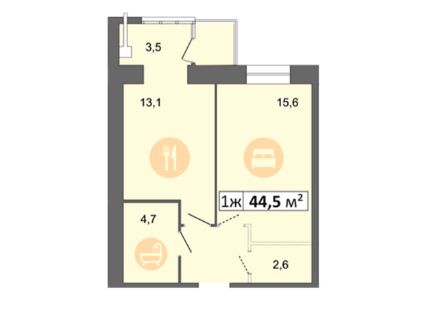 ЖК Дніпровська Брама 2: планування 1-кімнатної квартири 44.5 м²