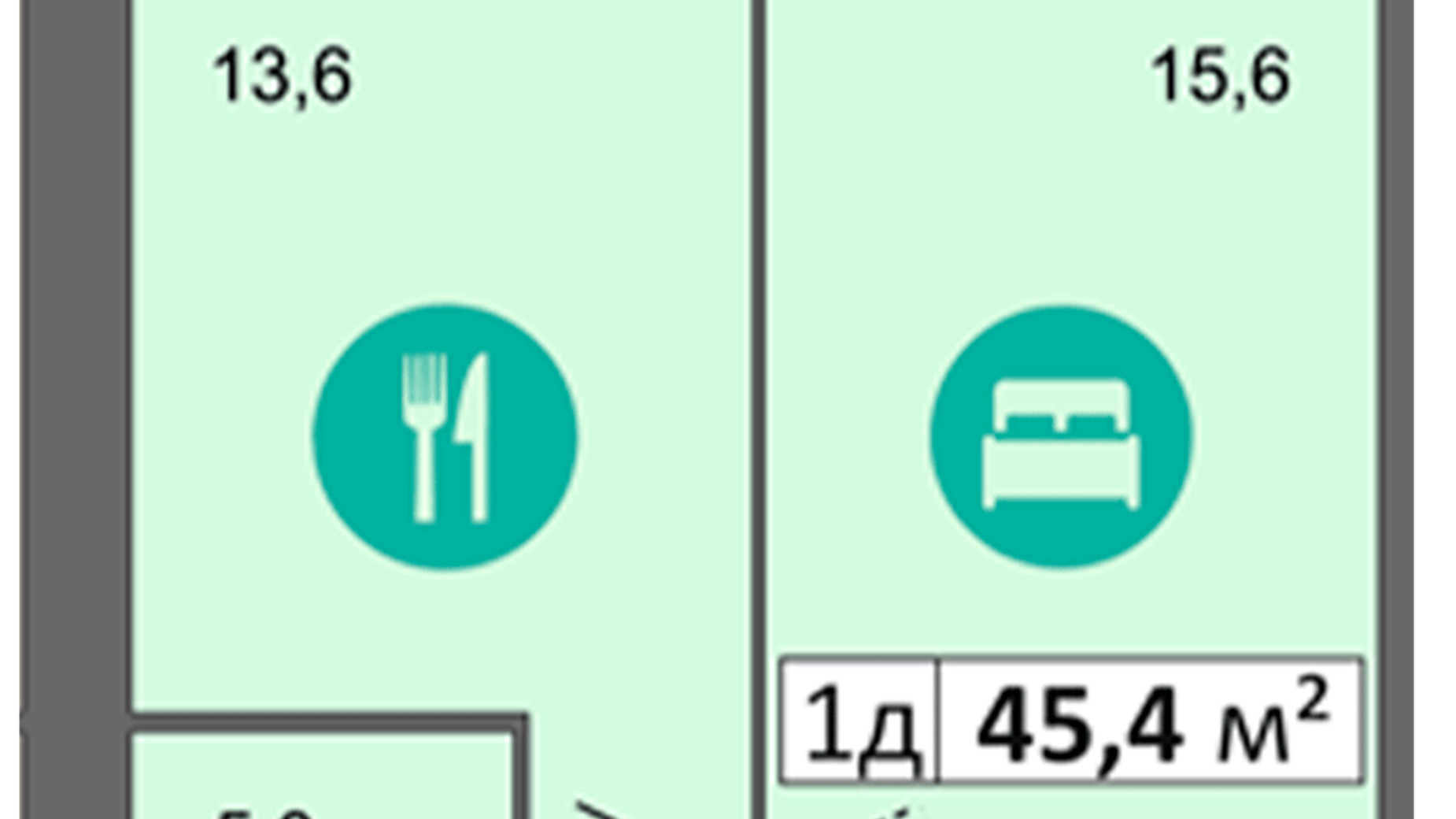 Планування 1-кімнатної квартири в ЖК Дніпровська Брама 2 45.4 м², фото 513144