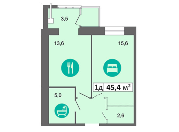 ЖК Дніпровська Брама 2: планування 1-кімнатної квартири 45.4 м²