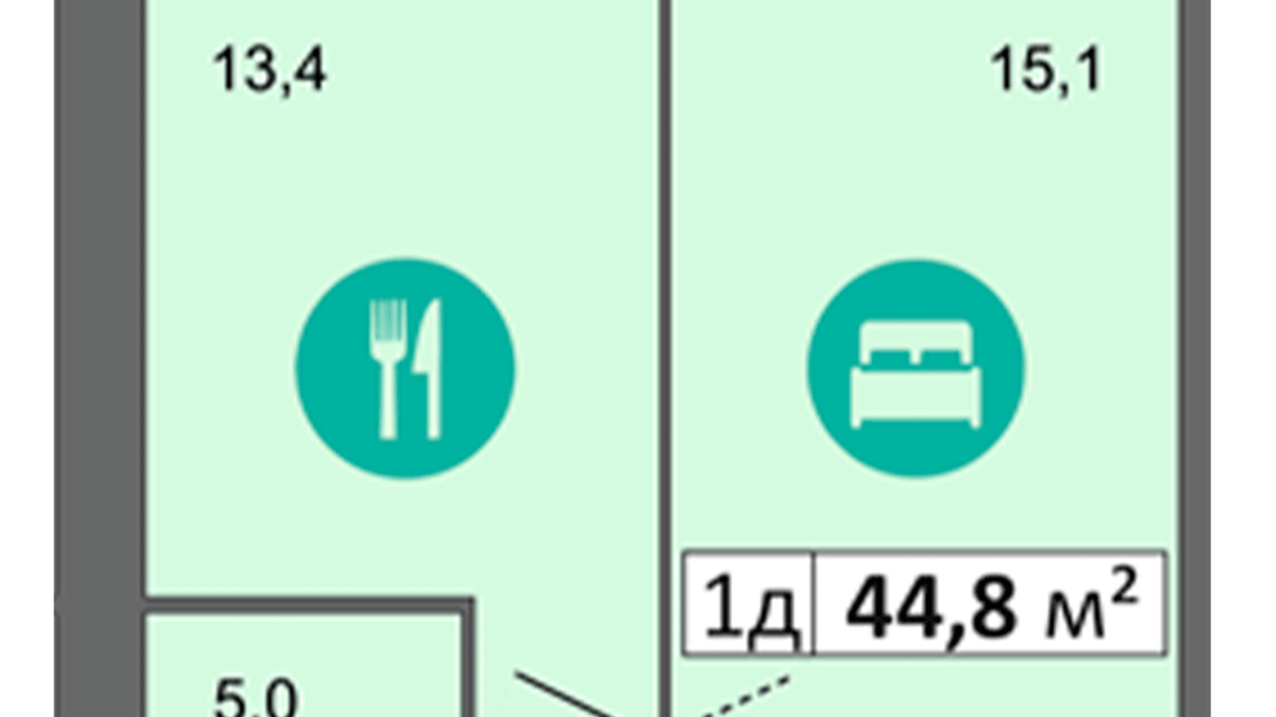 Планування 1-кімнатної квартири в ЖК Дніпровська Брама 2 44.8 м², фото 513150