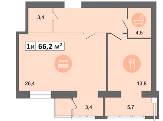 ЖК Дніпровська Брама 2: планування 1-кімнатної квартири 66.2 м²