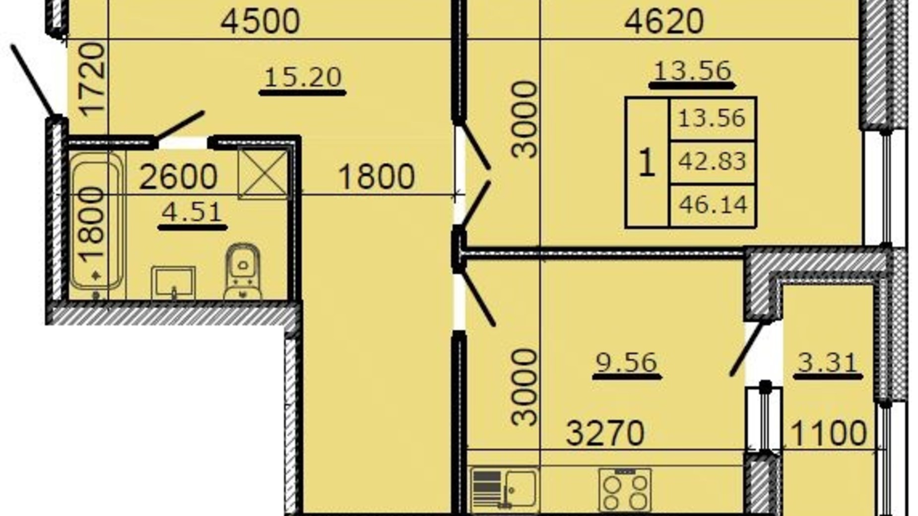 Планировка 1-комнатной квартиры в ЖК Метрополь 46.14 м², фото 514602