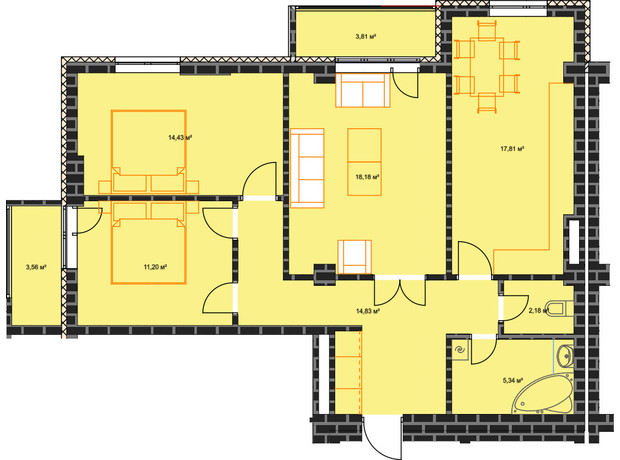 ЖК ул. Независимости, 146а: планировка 3-комнатной квартиры 89 м²