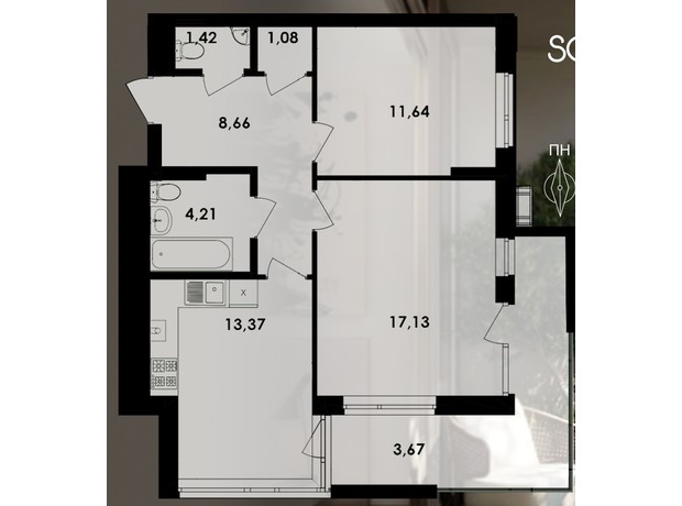 ЖК Soloway: планування 2-кімнатної квартири 61.18 м²