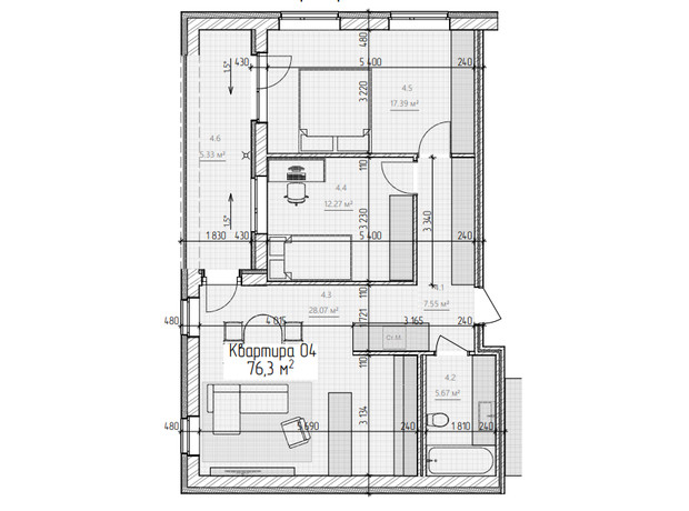 ЖК Simple: планировка 2-комнатной квартиры 76.3 м²