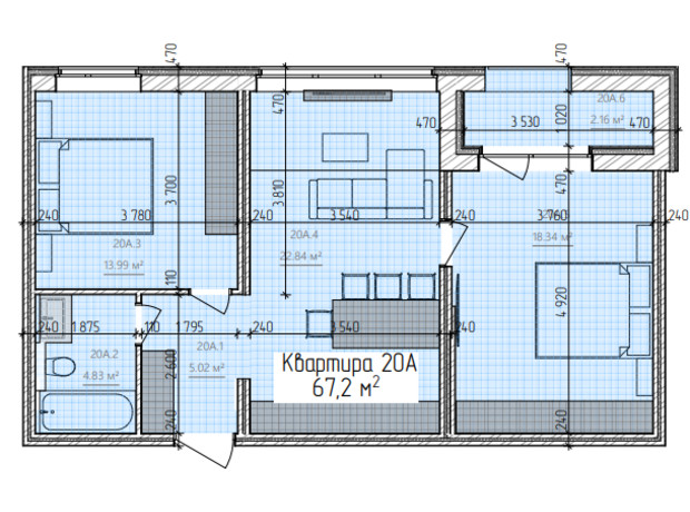 ЖК Simple: планировка 2-комнатной квартиры 67.2 м²