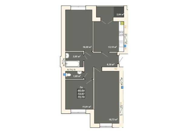 ЖК Атмосфера: планировка 3-комнатной квартиры 75.79 м²