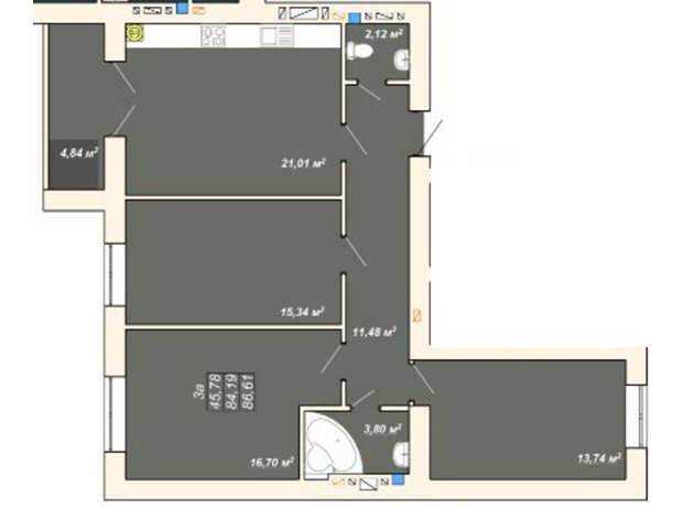 ЖК Атмосфера: планировка 3-комнатной квартиры 86.61 м²