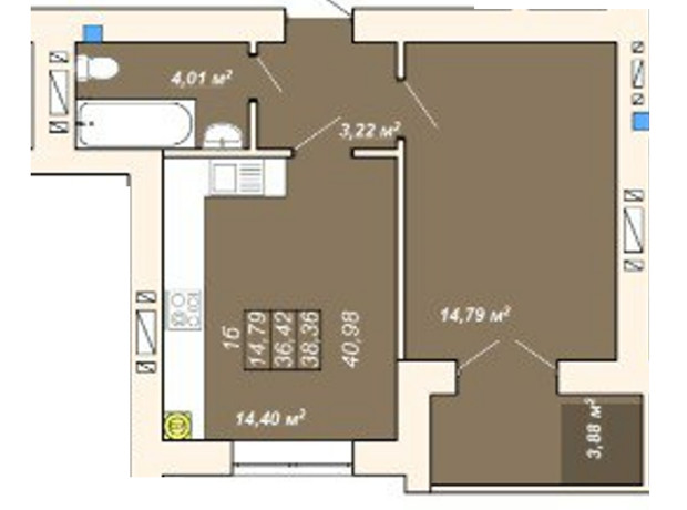 ЖК Атмосфера: планировка 1-комнатной квартиры 38.36 м²
